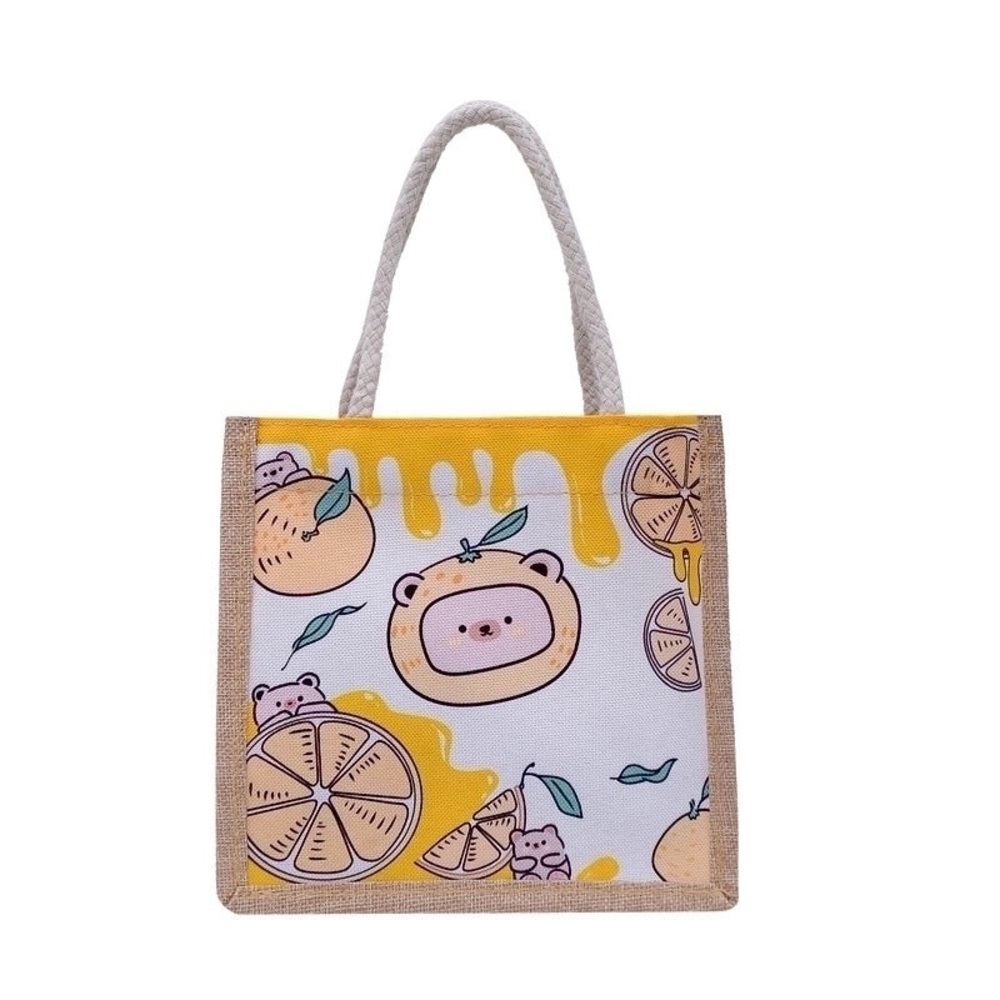 Cute Bear and Citrus Medium Summer Canvas Cute Tote Bag